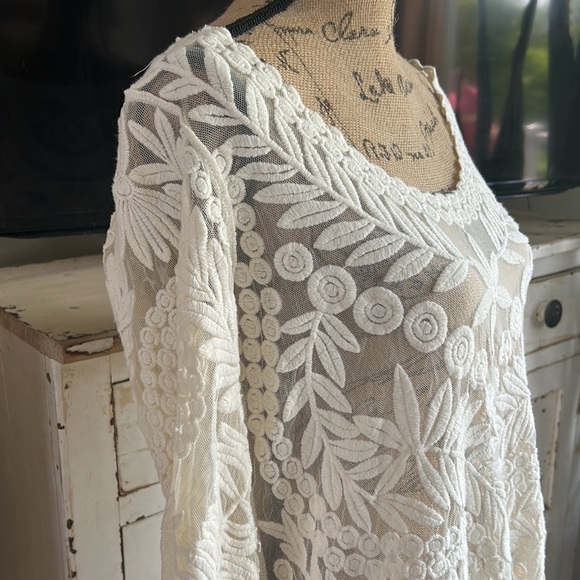 Anthro Meadow Rue cream Lace Grace long sleeve sheer shirt scoop neck scallops - Picture 5 of 16